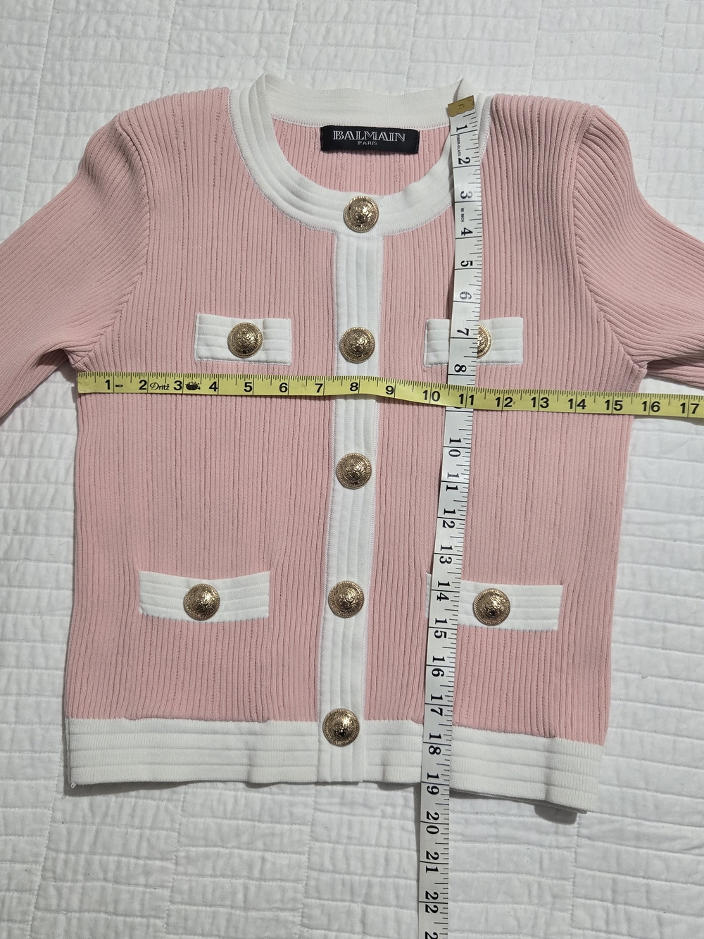 Balmain Pink Knit Cardigan with White Trim and Gold Buttons - Picture 4 of 11